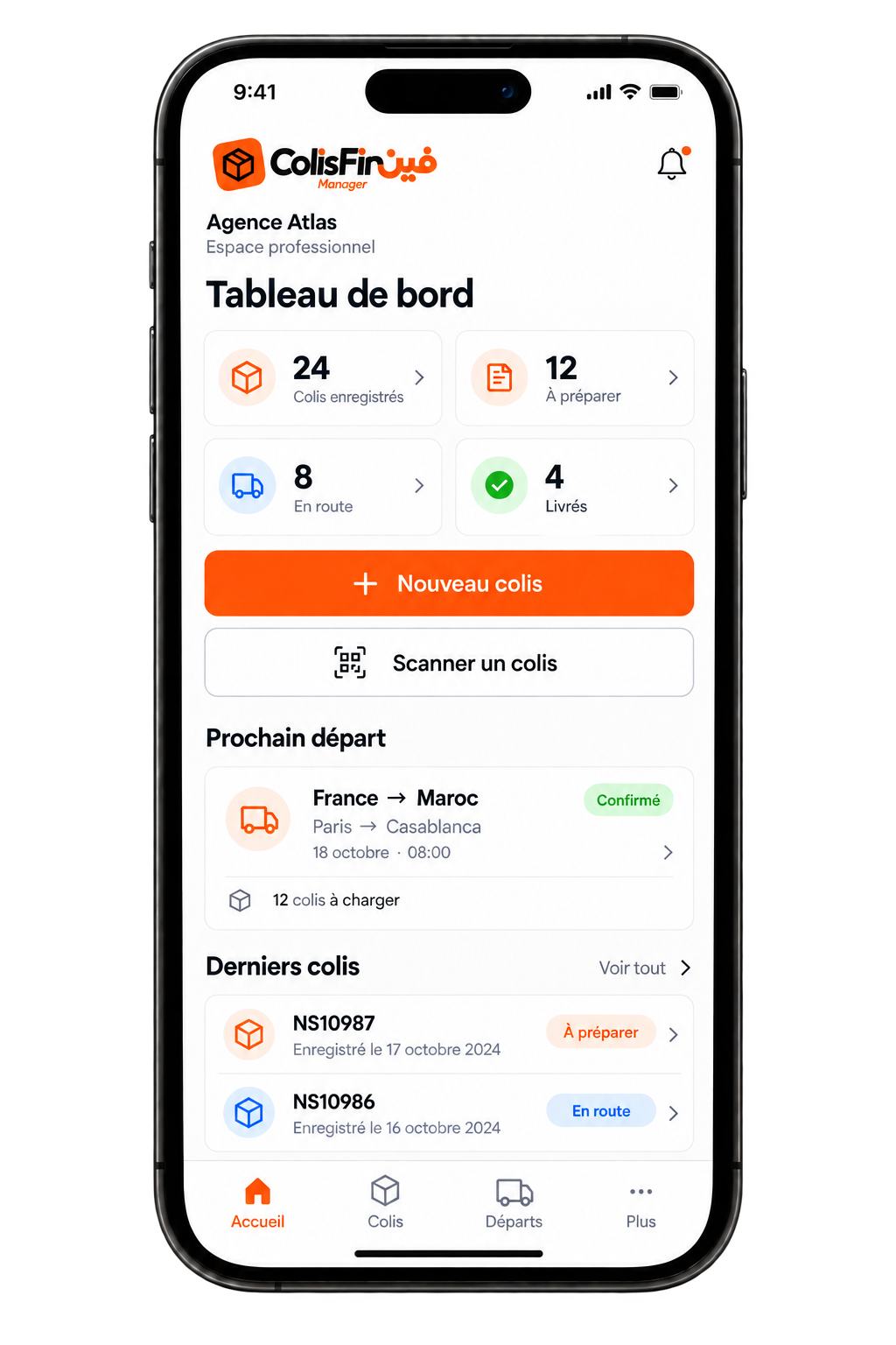 Illustration de Colisfin Manager sur mobile : colis, prochain départ et scan, avec les données fictives de l’agence Atlas